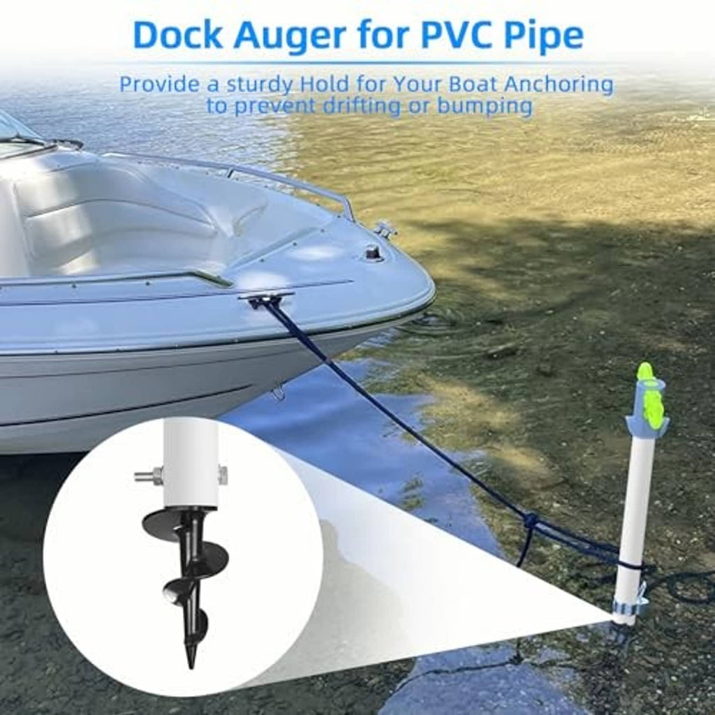 Boat dock auger anchor with white PVC post and black spiral grounding tip