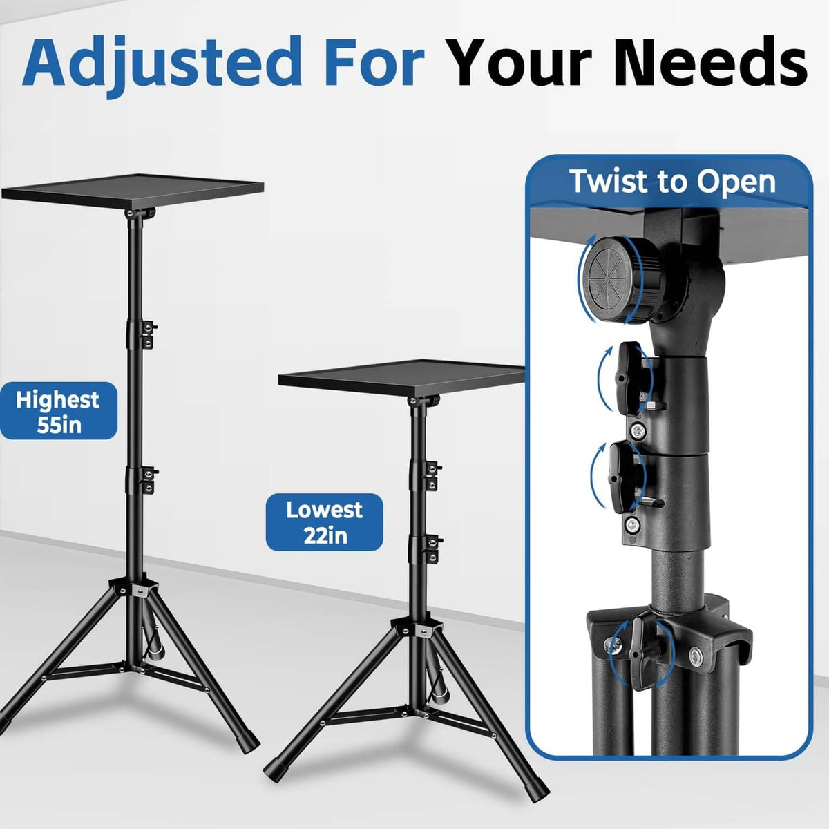 Adjustable black projector stand with multiple height settings and twist-lock knob