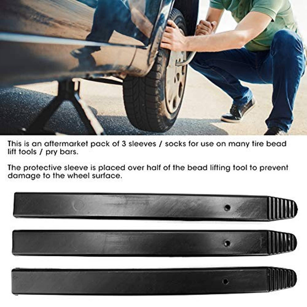3-pack tire bead lift tool protector sleeves, black flat guards with ribbed ends
