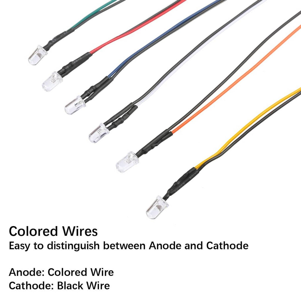 Assorted 3mm LED diodes with colored and black wires, clear lens housings