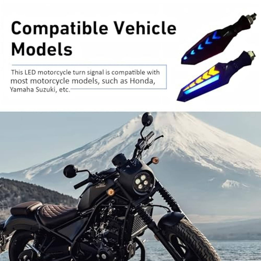 Arrow LED motorcycle turn indicators with blue and yellow arrow lights on black housings