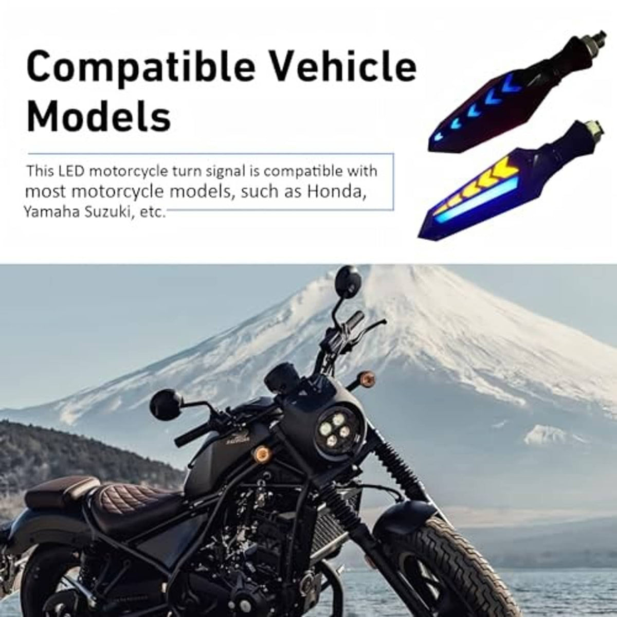Arrow LED motorcycle turn indicators with blue and yellow arrow lights on black housings