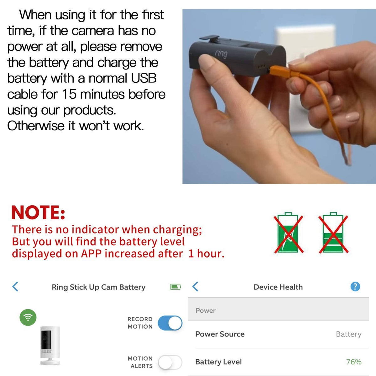Alertcam power adapter cable with plug shown next to charging status icons