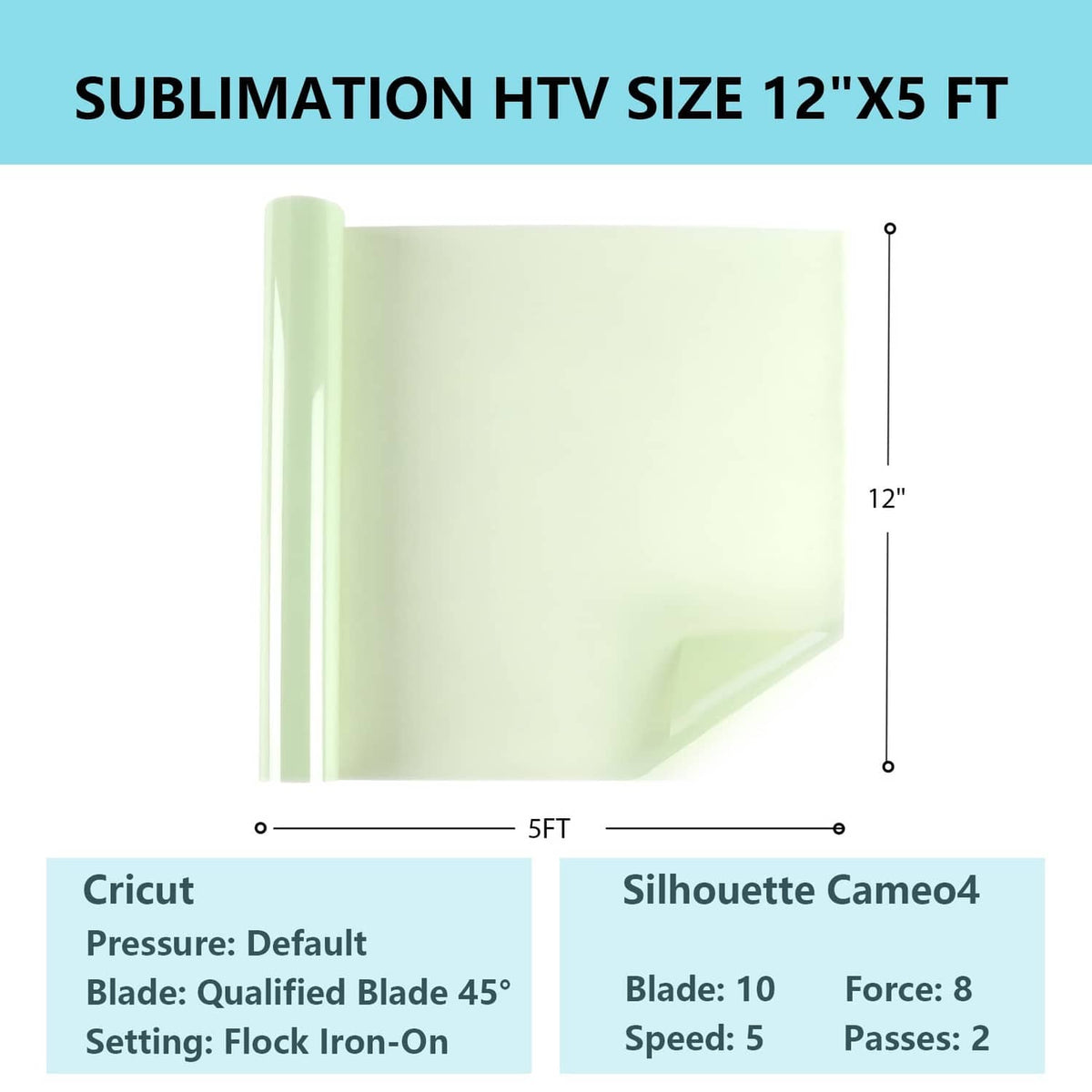 Sublimation HTV sheet size 12 x 5 ft, mint color roll with measurement diagram