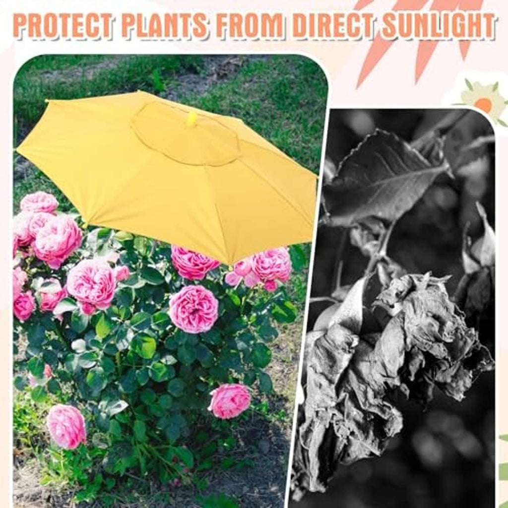 Yellow plant shade umbrella shading pink roses in a garden