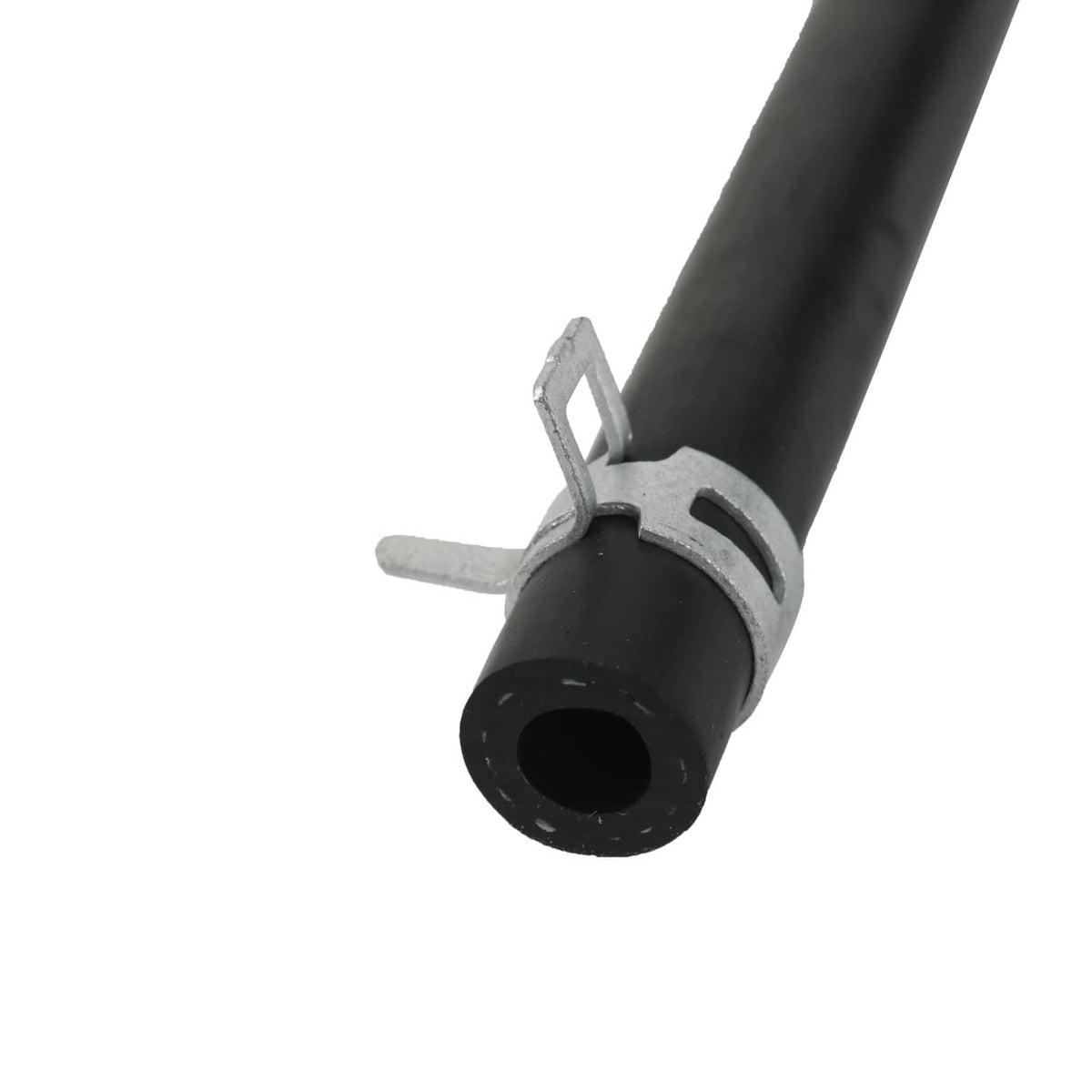 Fuel tank outlet fitting with black rubber hose and metal retaining clip