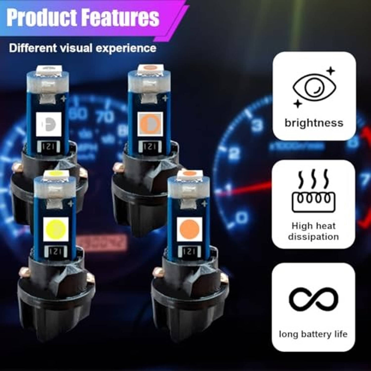 LED T5 bulbs with twist-lock bases, blue modules, and yellow/orange LED chip tips (pair)