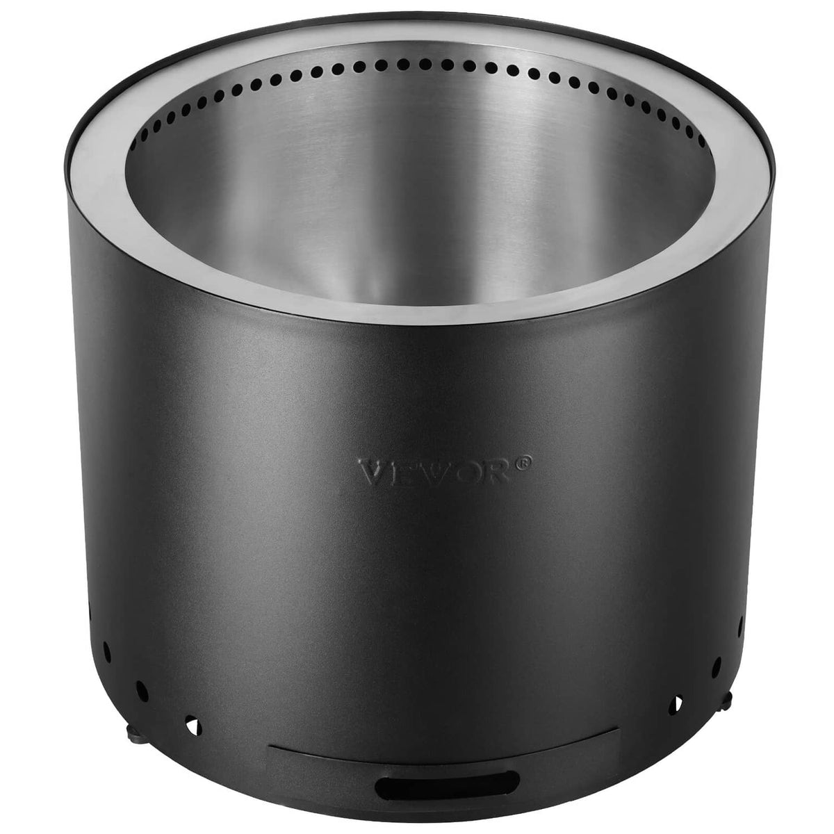 Stainless inner burn bowl with rim and circular air holes around the black steel base
