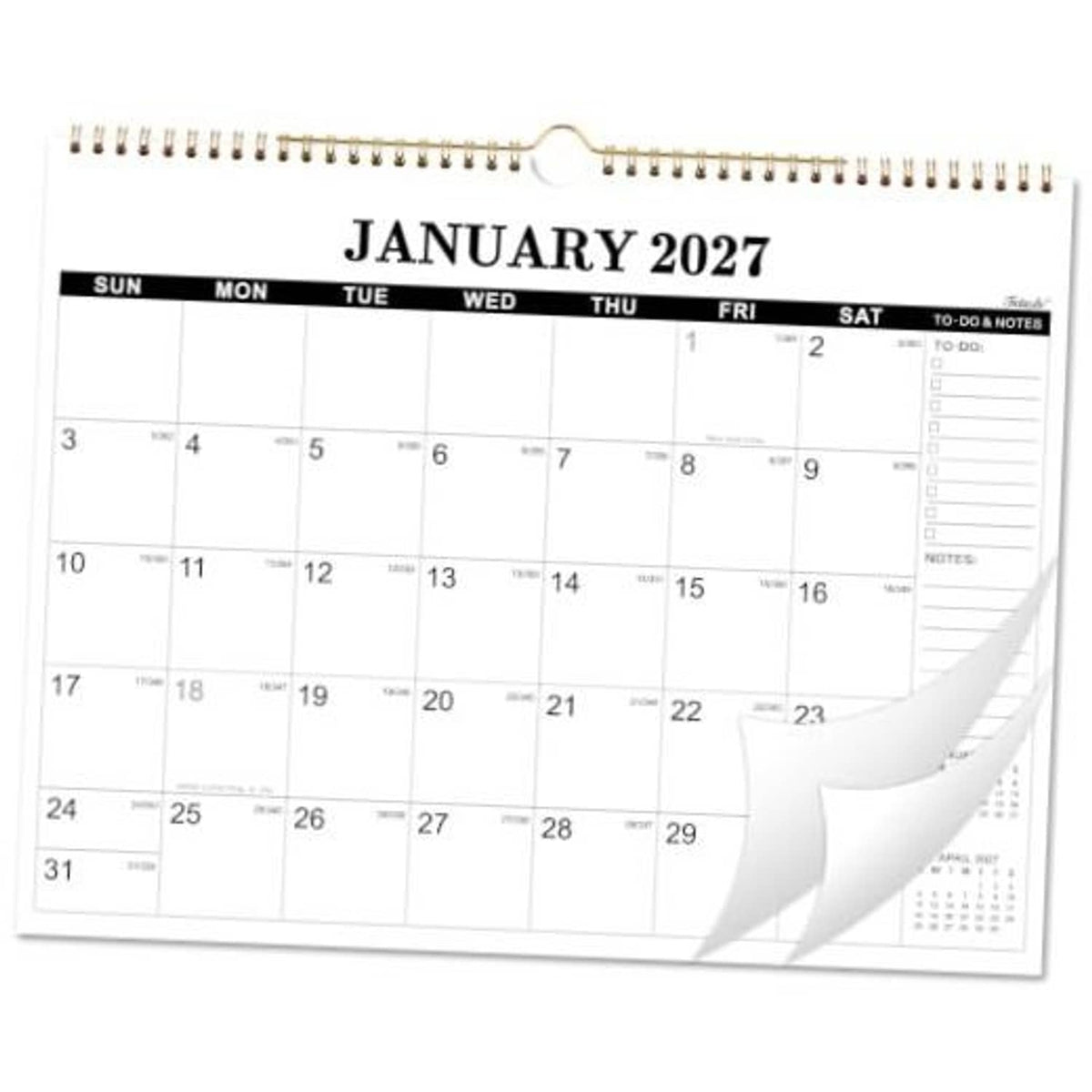 January 2027 wall calendar with monthly grid and to-do & notes columns