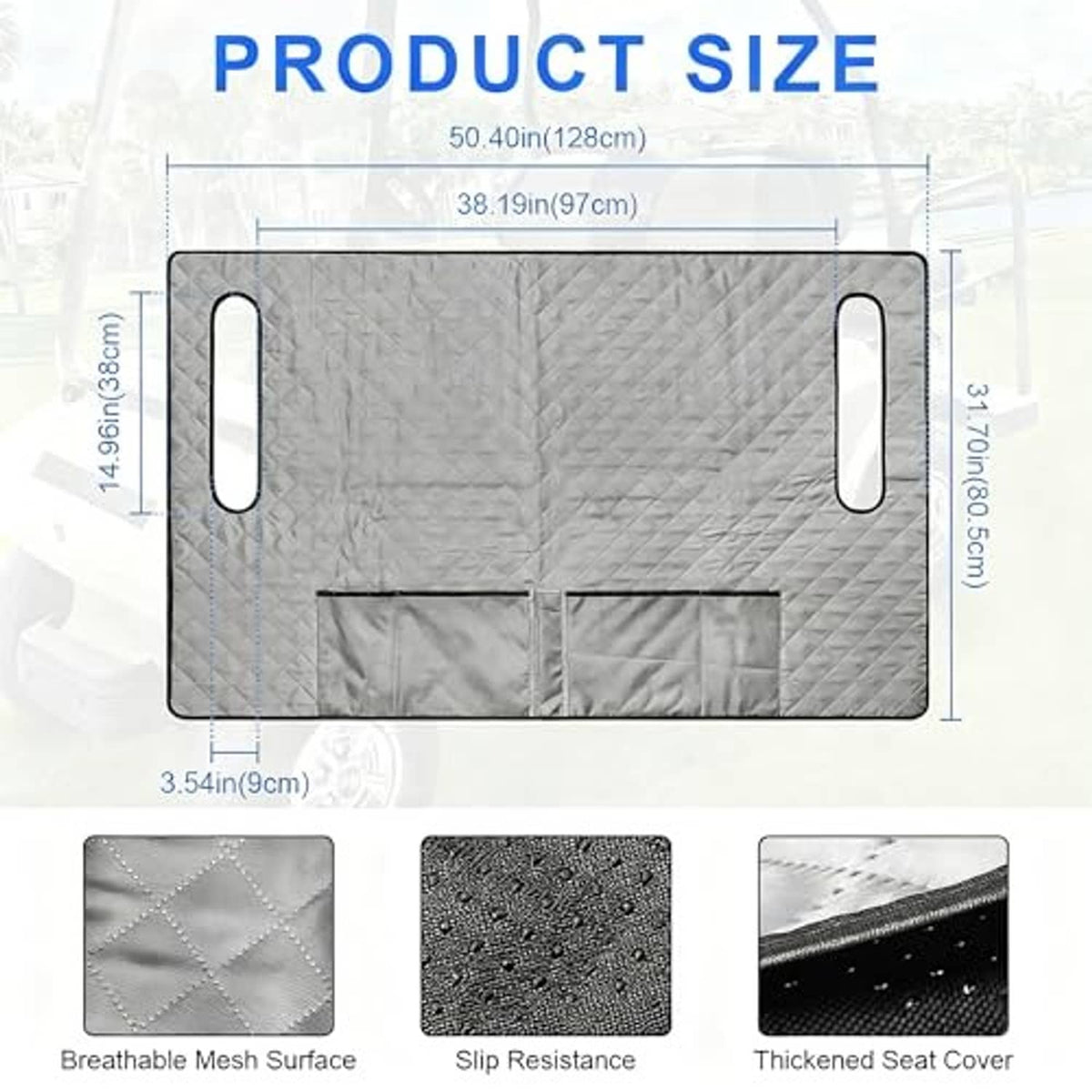 Gray quilted golf cart seat cover blanket with handle cutouts, shown with size guide