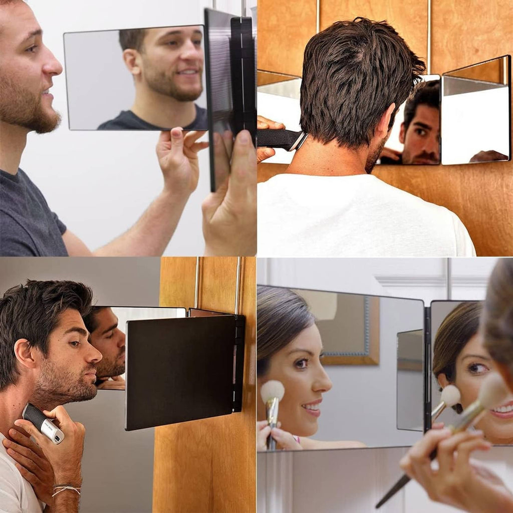 Trifold hair mirror with reflective panels for viewing different angles while styling