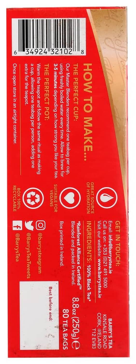 Gold blend tea bag package back with barcode and 80 count details