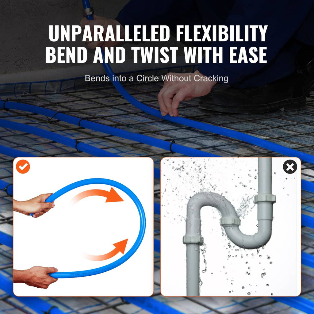 Blue PEX-B tubing coil with flexible bend and twist action shown by arrows