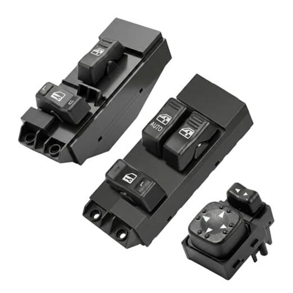 Black driver-side power window switch with auto and lock/mirror control buttons