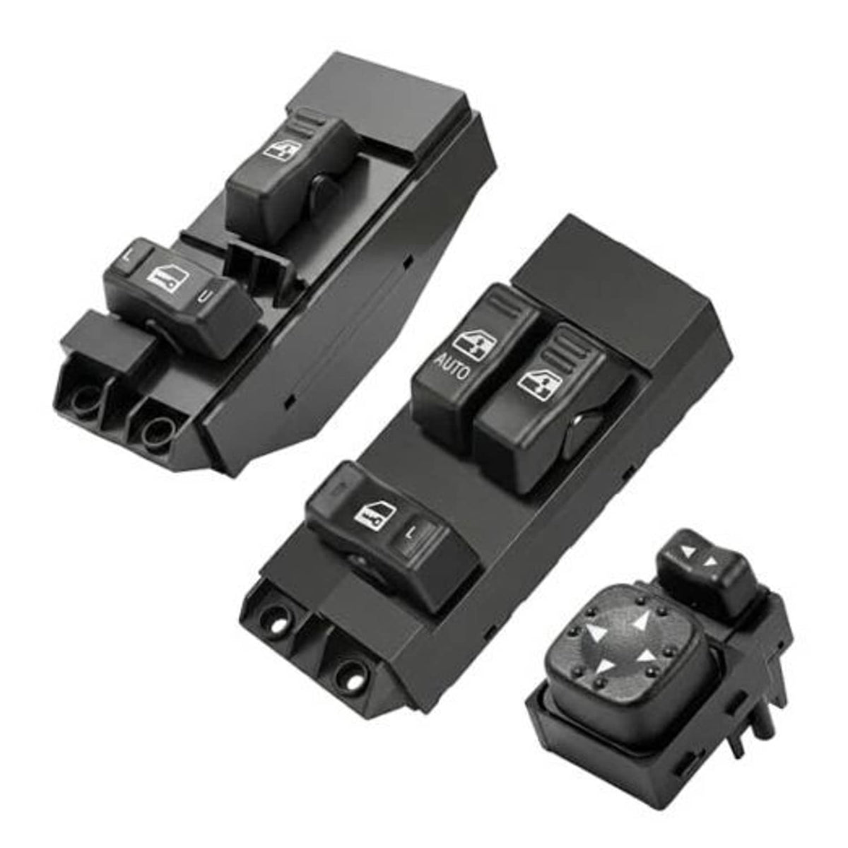 Black driver-side power window switch with auto and lock/mirror control buttons