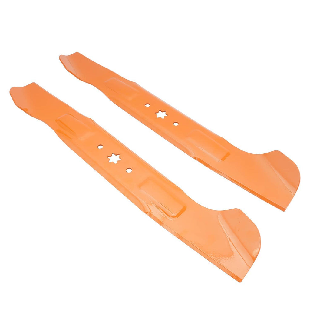 Orange mower blade pair with 6-point star center cutouts and curved outer tips