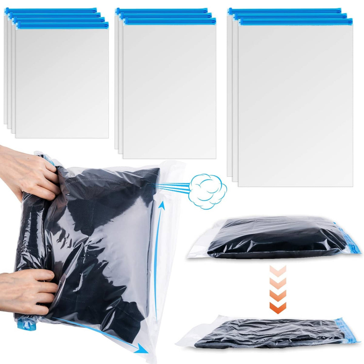 Gray compression bag being rolled and sealed, with stacked empty bags beside it