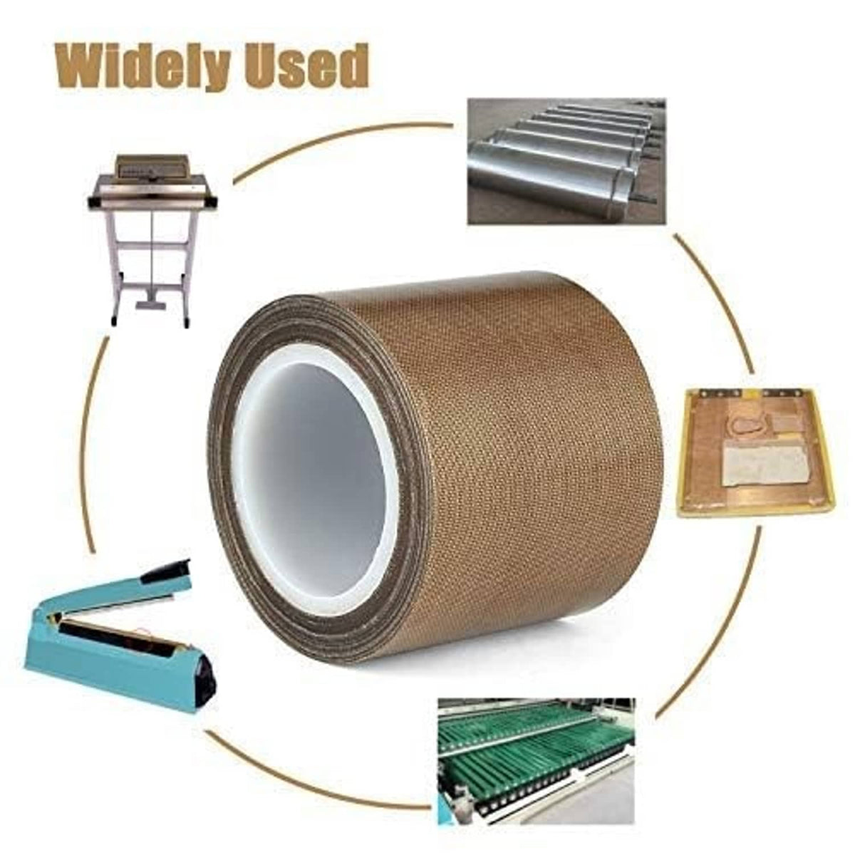 Brown vacuum sealer tape roll shown with vacuum sealer equipment and use-circles