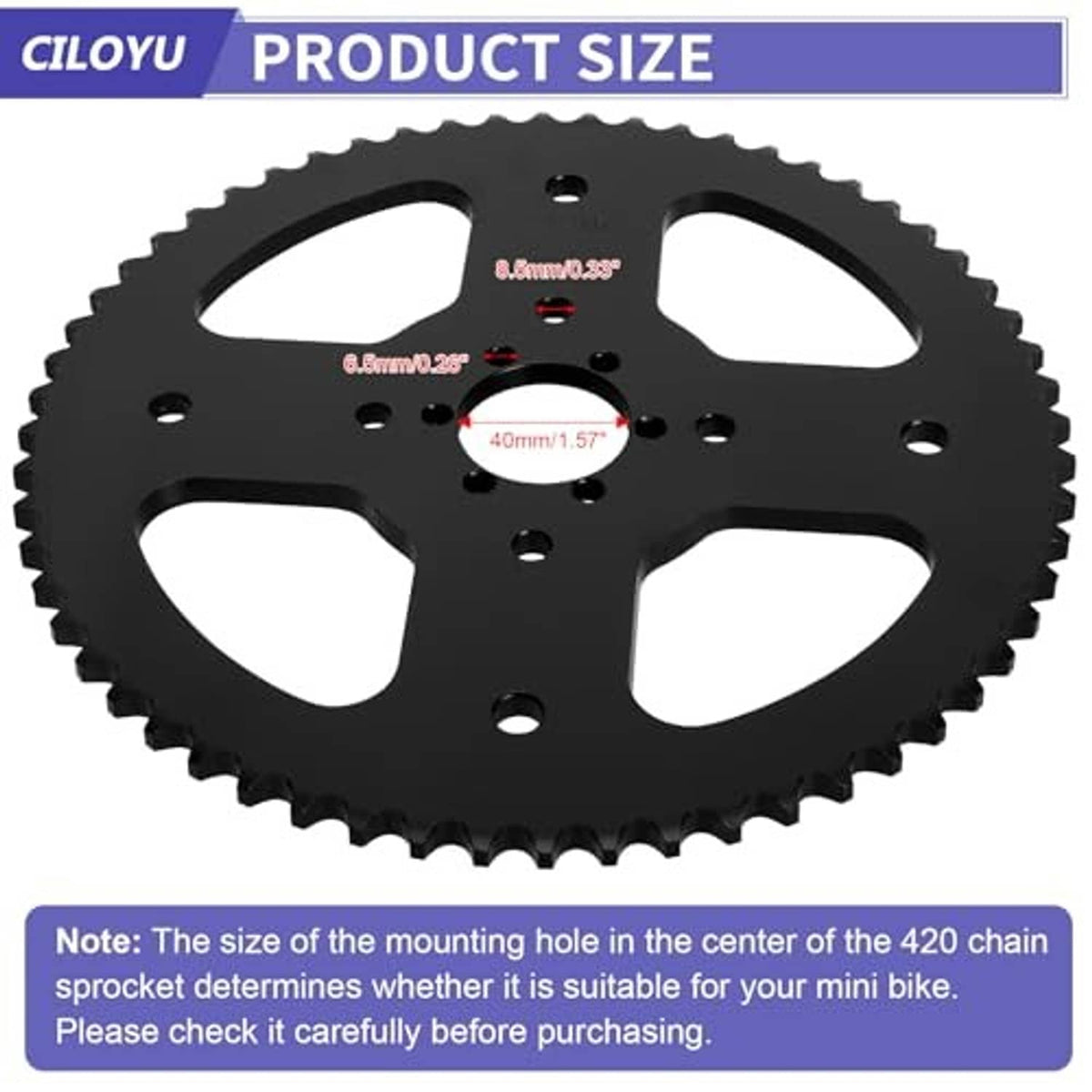 Black 420 chain sprocket with round center hole and multiple mounting holes