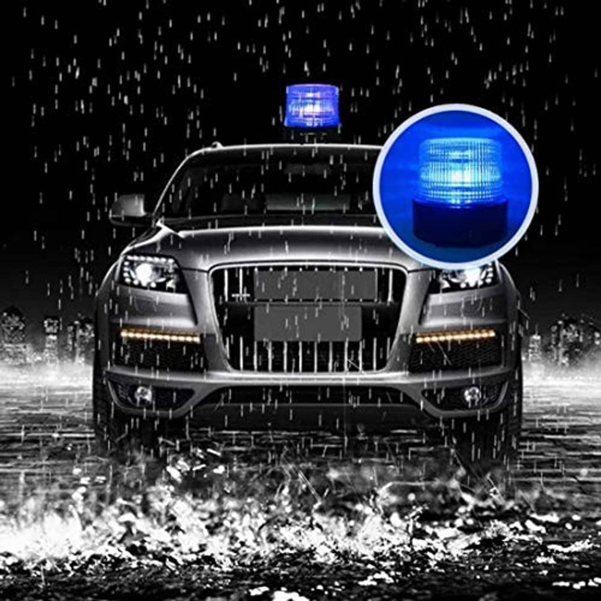 Blue LED strobe beacon on car roof with flashing light