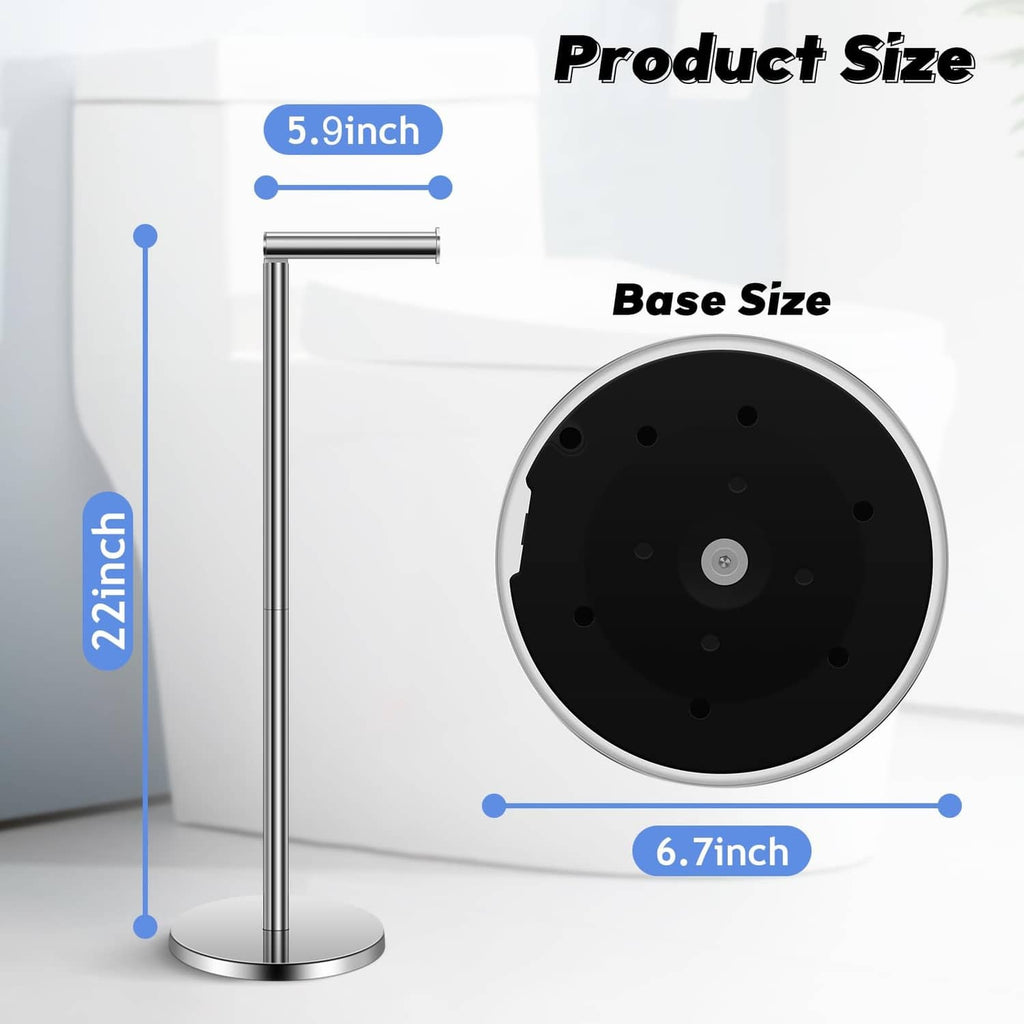 Freestanding toilet paper holder stand with tall chrome post and round chrome base