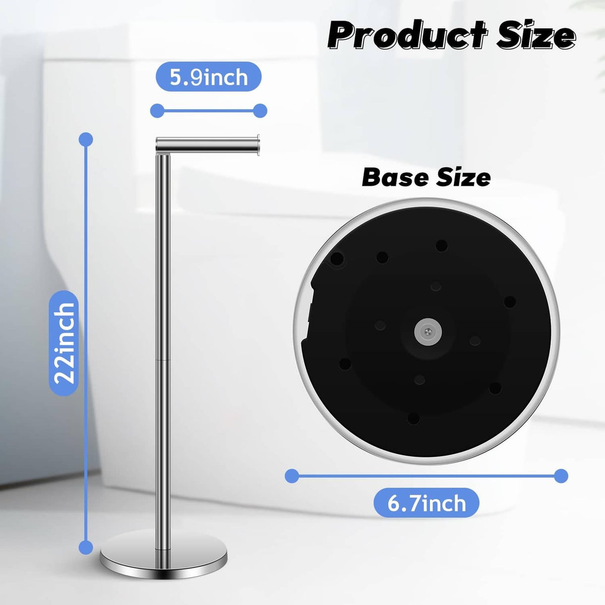 Freestanding toilet paper holder stand with tall chrome post and round chrome base