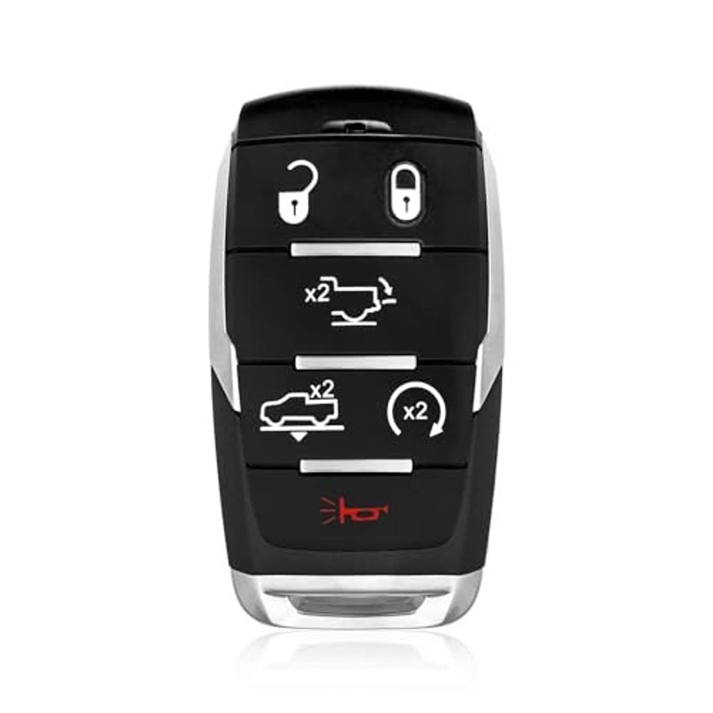 Black 6-button smart key fob with silver trim and remote control icons
