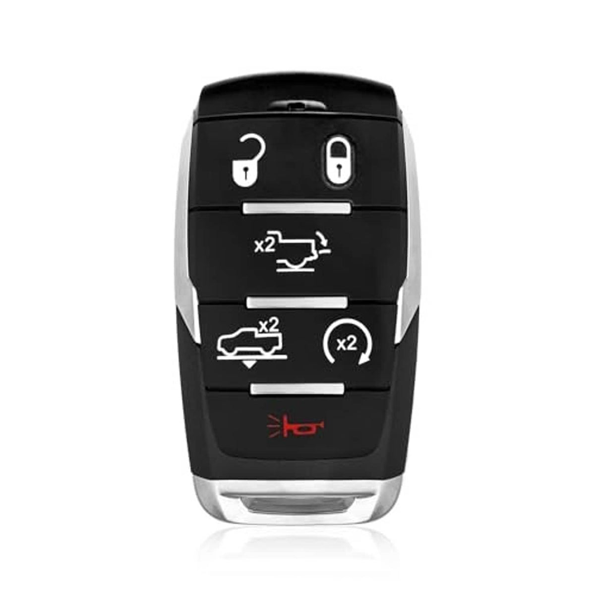 Black 6-button smart key fob with silver trim and remote control icons