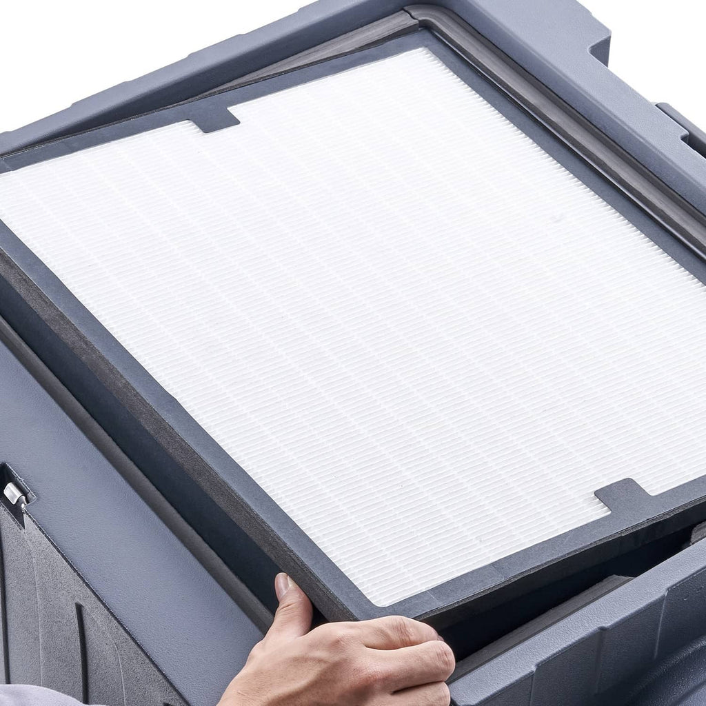 HEPA air filter replacement with white pleated media in gray frame