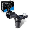 Camshaft position sensor with black plastic housing and metal mounting bolt, angled view