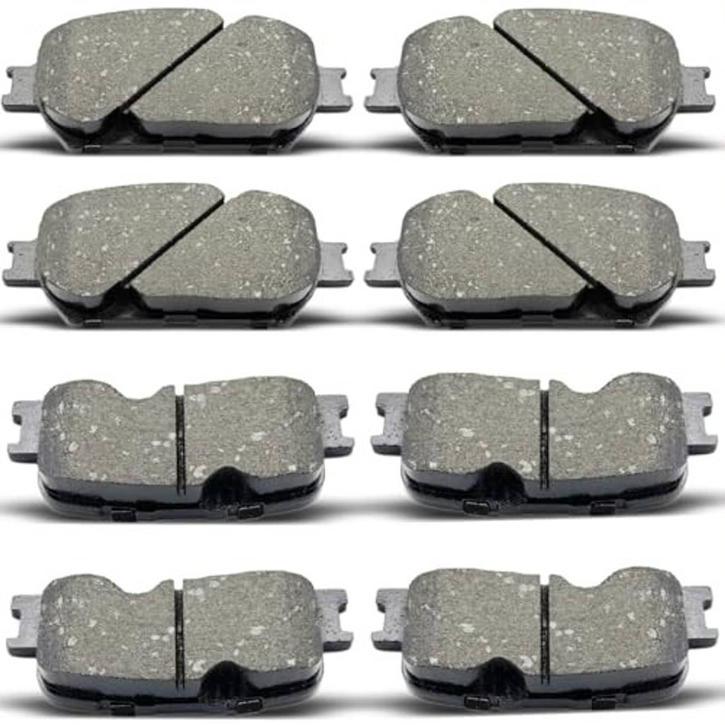 Ceramic brake pad set collage, several gray pads with black backing plates