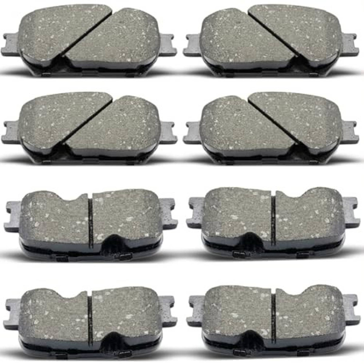 Ceramic brake pad set collage, several gray pads with black backing plates