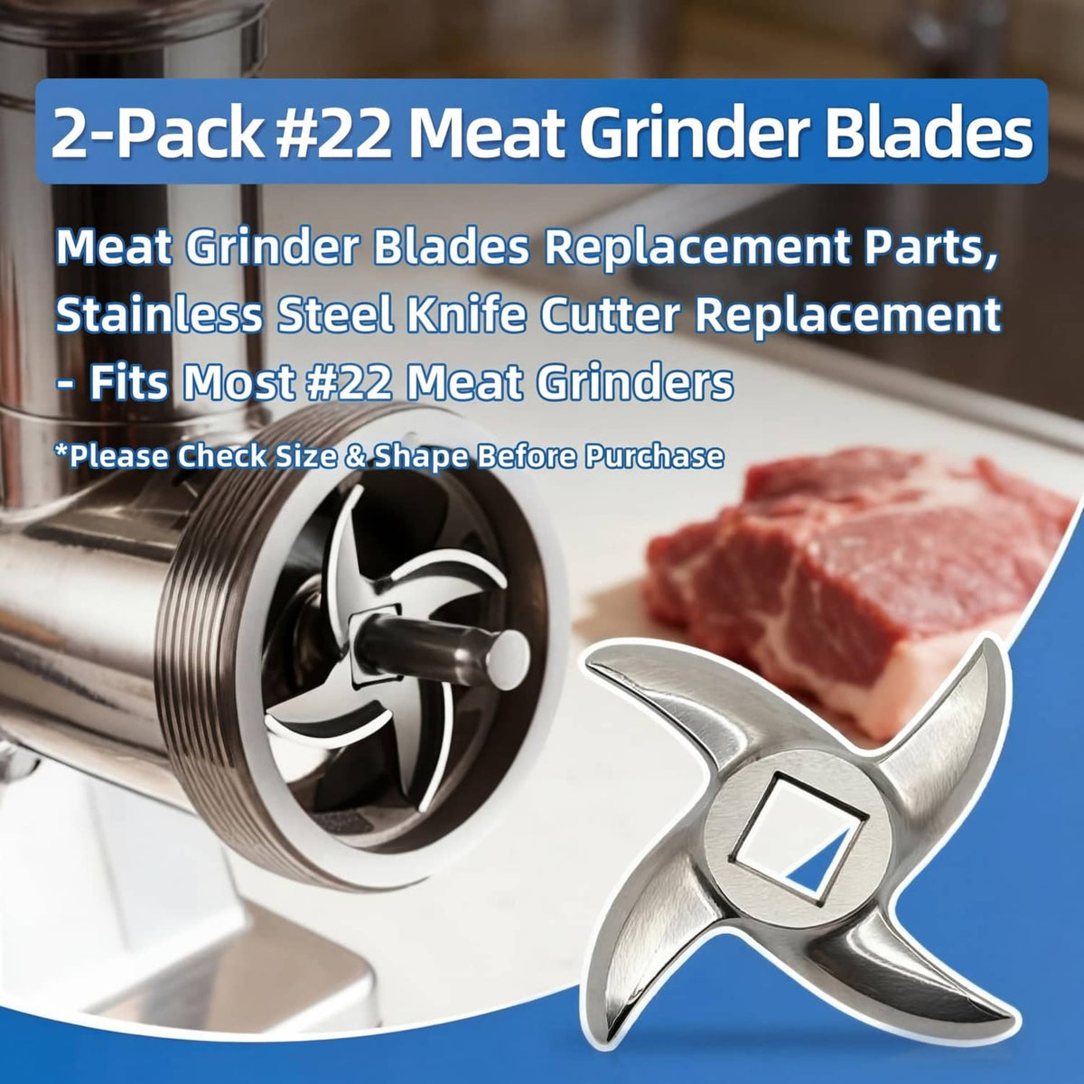 2-pack #22 stainless steel meat grinder blades with cutter knife edges