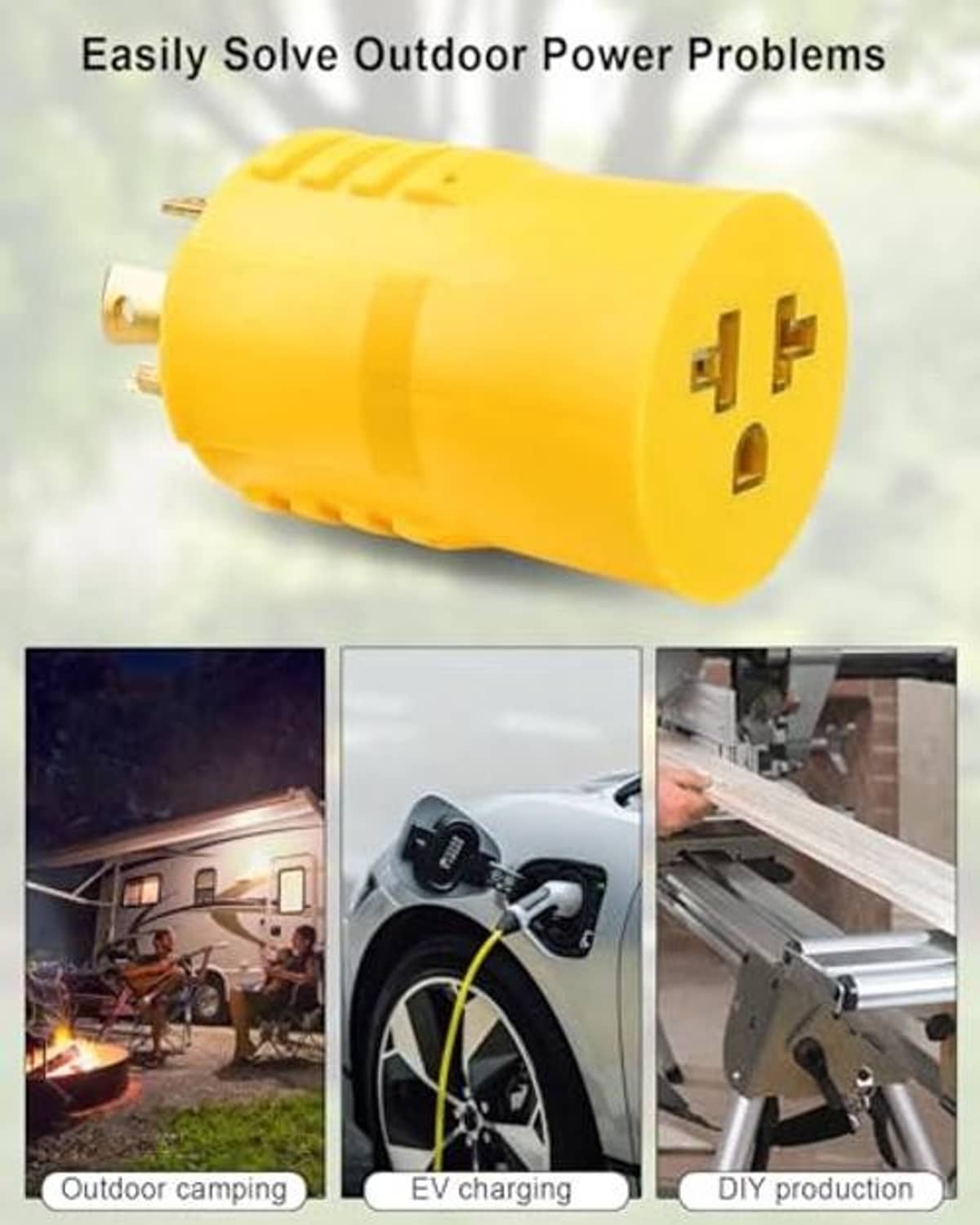 Yellow power adapter plug with gold prongs and molded body, side view