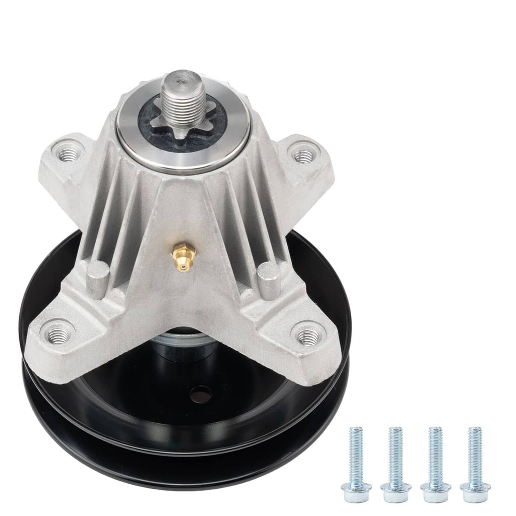 Deck spindle assembly with black pulley, silver triangular mount, and included bolts