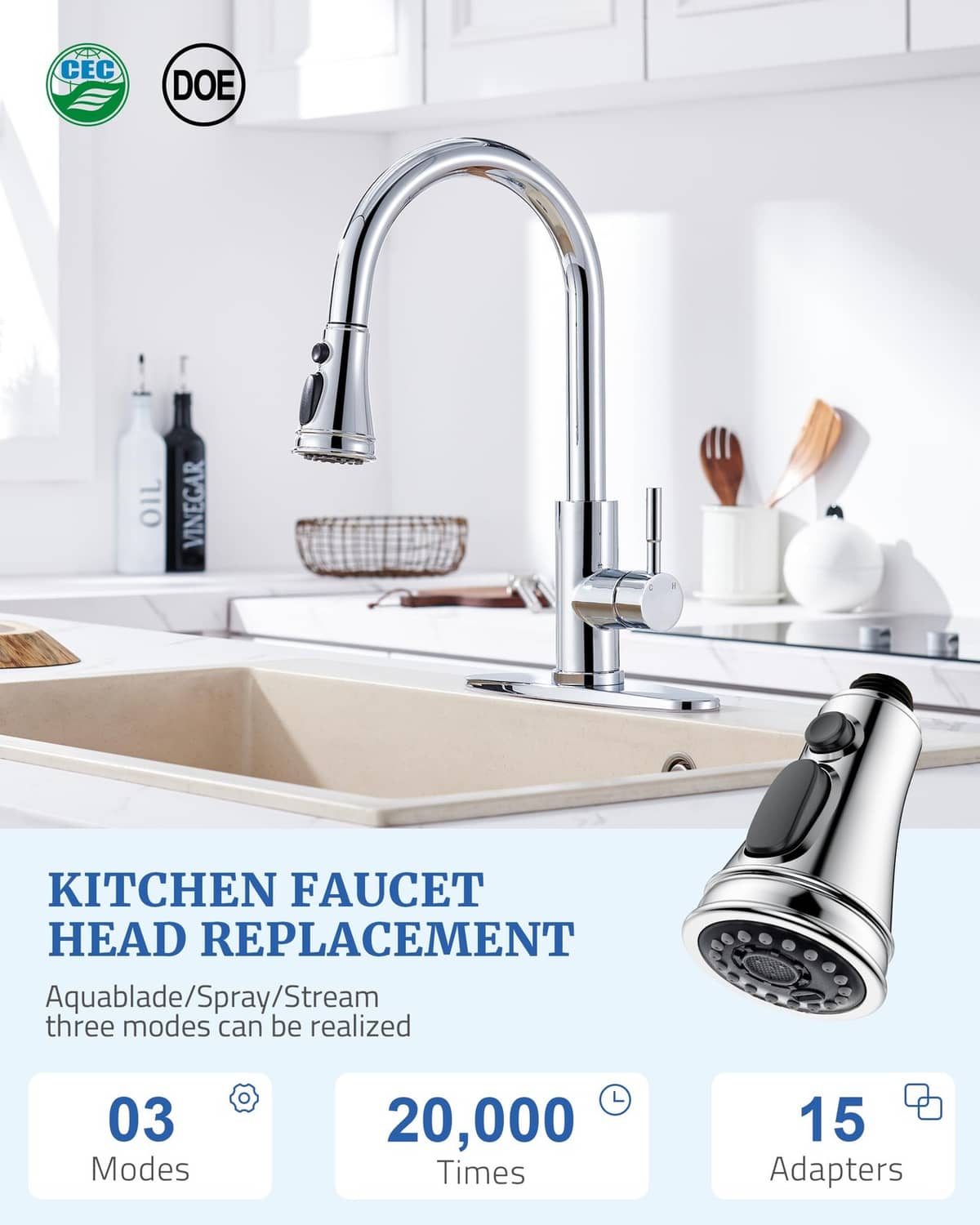 Chrome kitchen faucet spray head replacement installed on a kitchen sink faucet