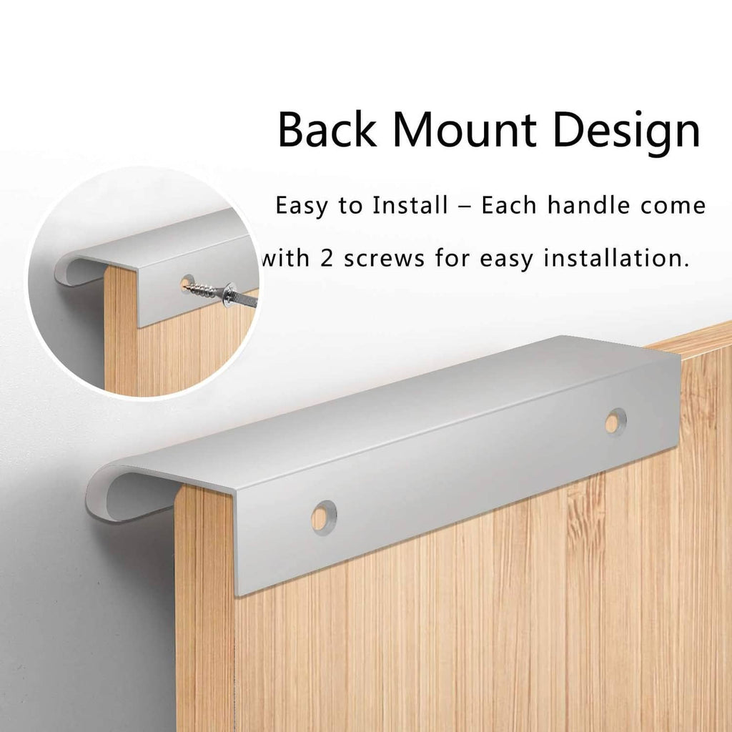 Silver aluminum back-mount handle with side tabs and two-screw installation