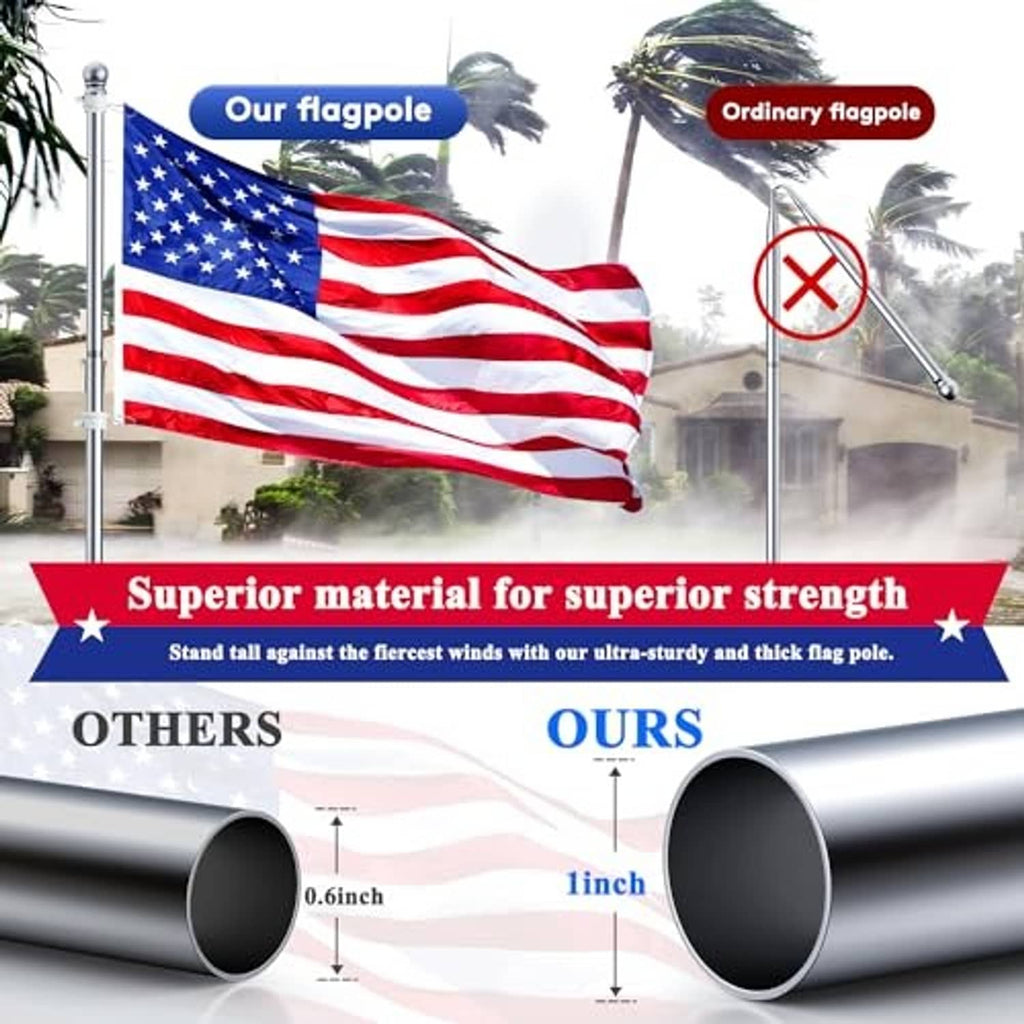 Silver stainless steel flagpole with ball finial holding an American flag
