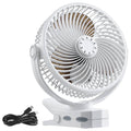 White portable USB rechargeable fan with front grille and clip base