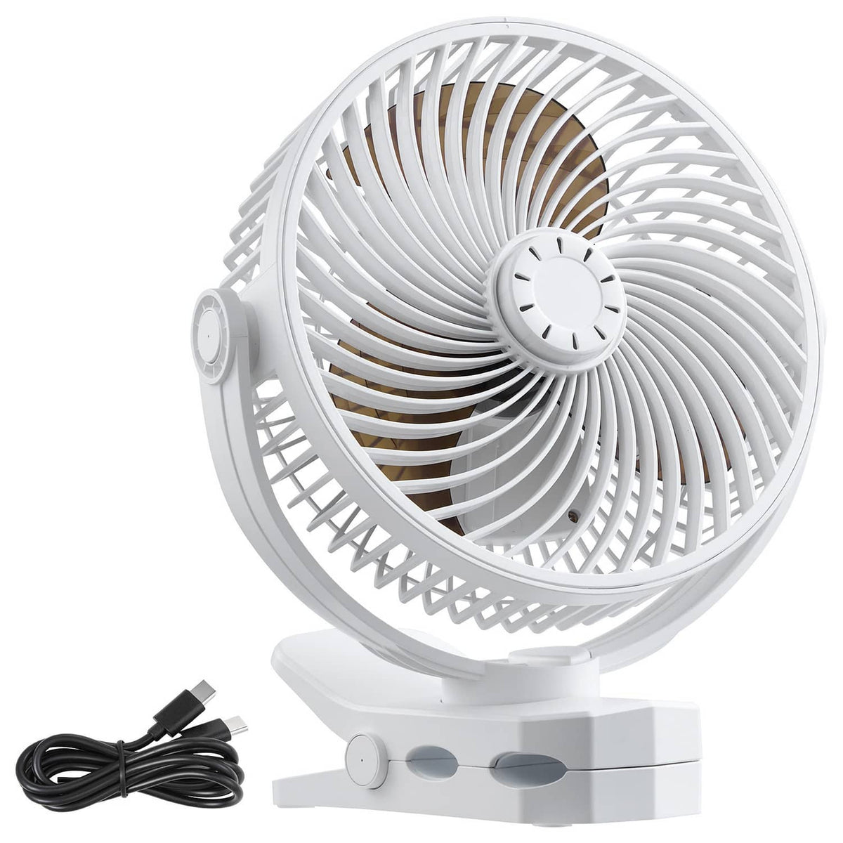 White portable USB rechargeable fan with front grille and clip base