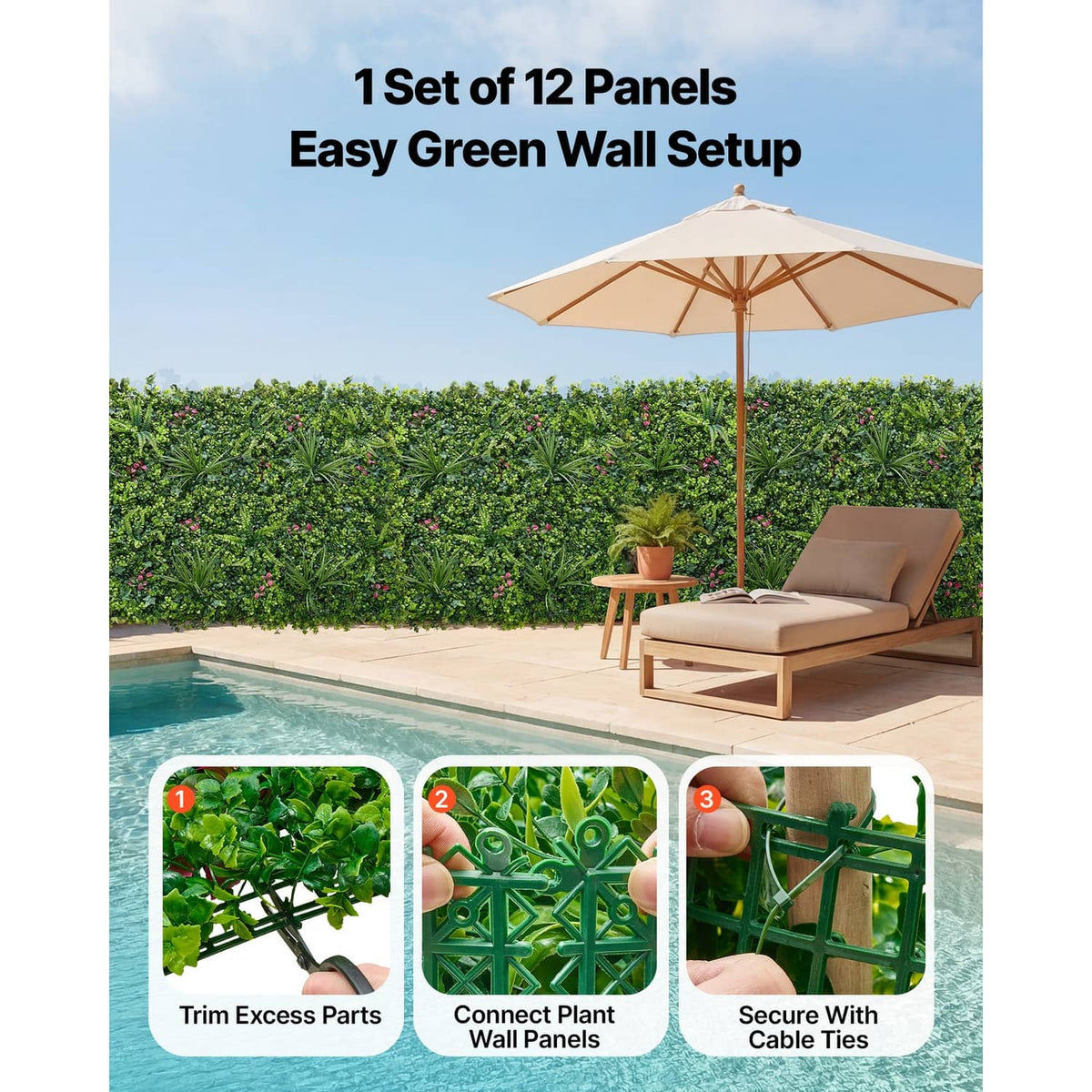 Artificial greenery wall panels forming a privacy hedge with dense green foliage