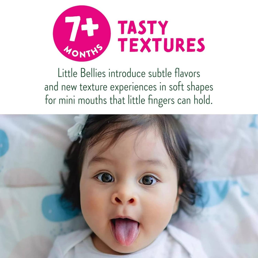 Little Bellies 7+ tasty textures text and logo with baby portrait on snack pouch card