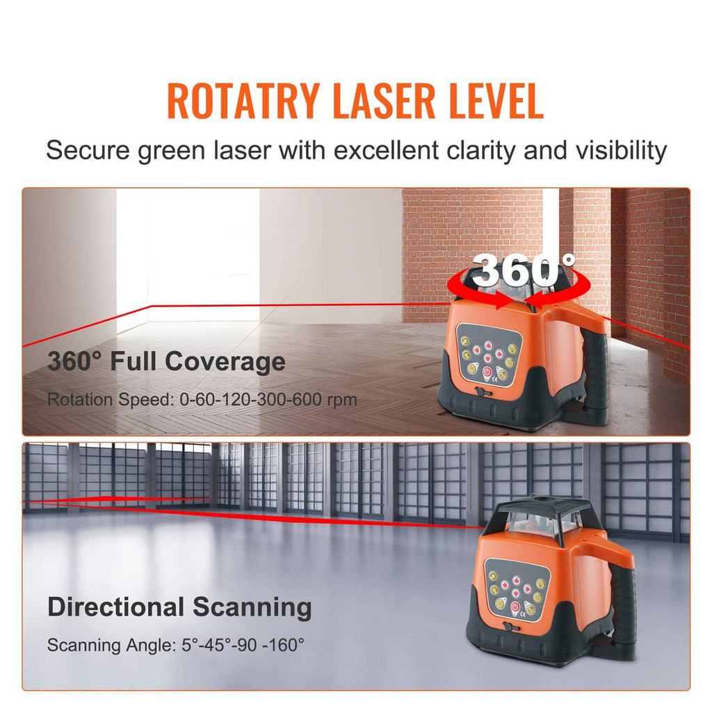 Orange 360° rotary laser level with front control panel and rotary top