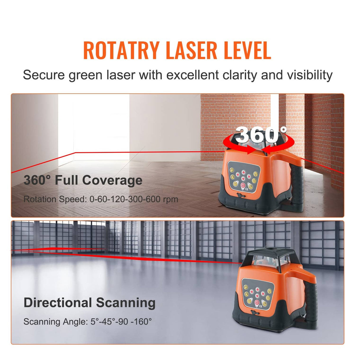 Orange 360° rotary laser level with front control panel and rotary top