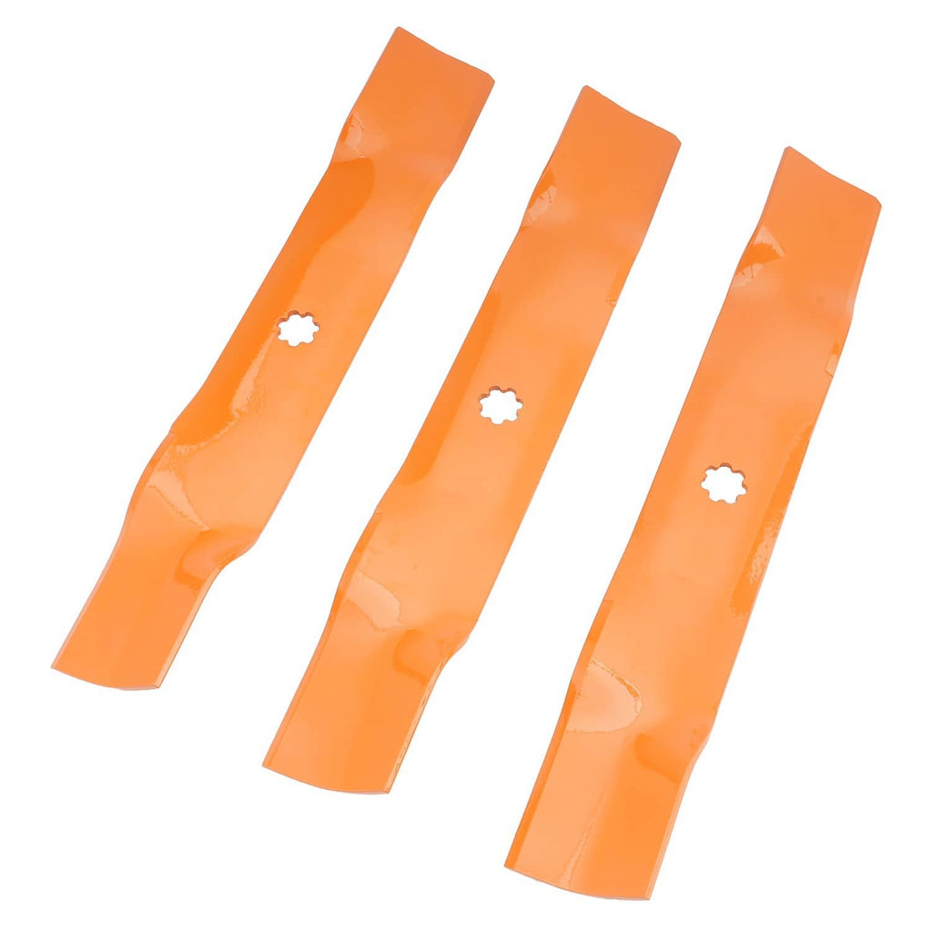 Orange deck mower blades set with mounting holes, three curved blades
