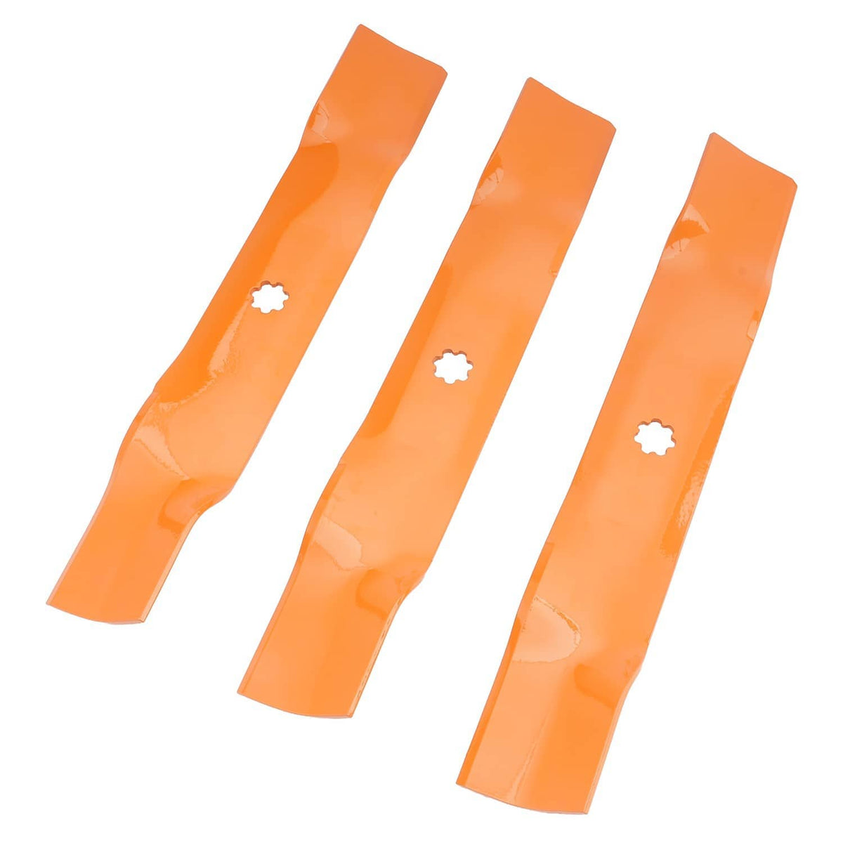 Orange deck mower blades set with mounting holes, three curved blades