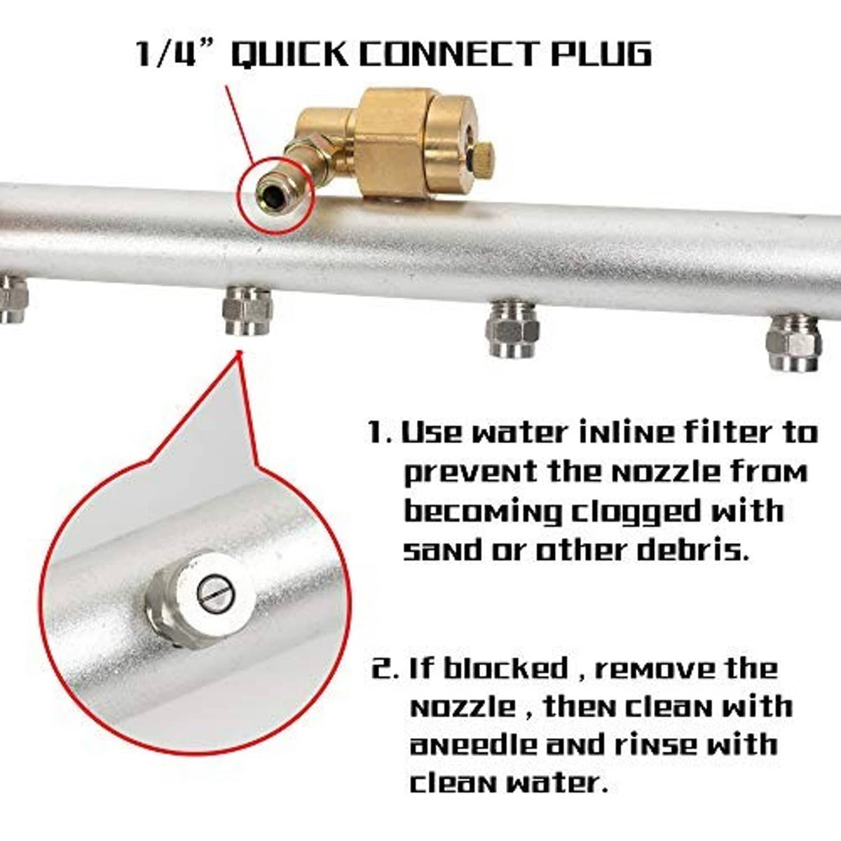 Undercarriage cleaner 1/4 in quick-connect plug with brass hose connector and port