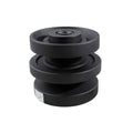 Black bottom roller assembly with three rubber wheels and center bearing