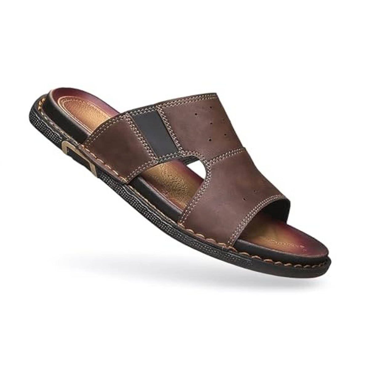 Men's brown leather open-toe slip-on sandal, side view with cross-strap design
