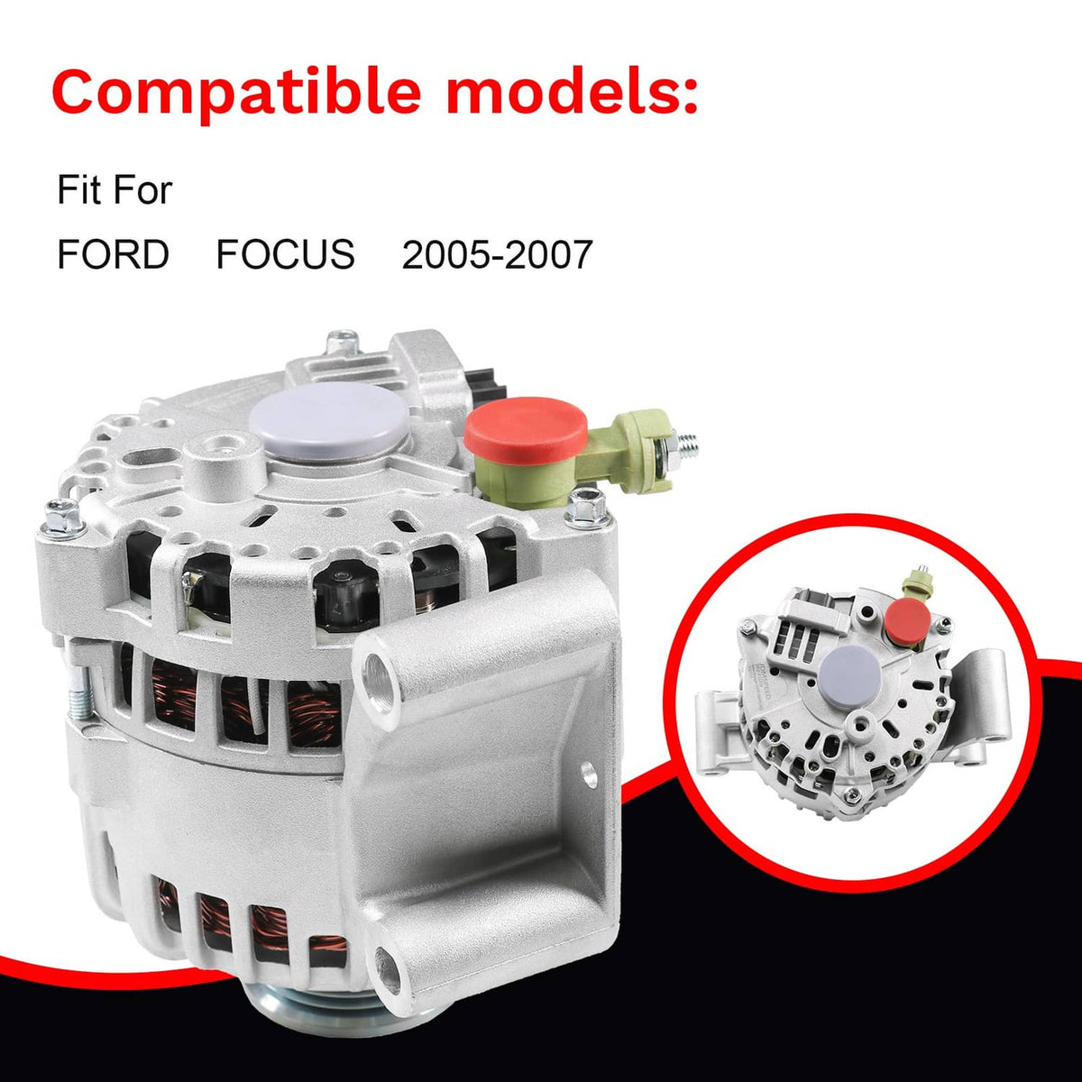 Alternator side view, silver housing with red cap and green sensor plug
